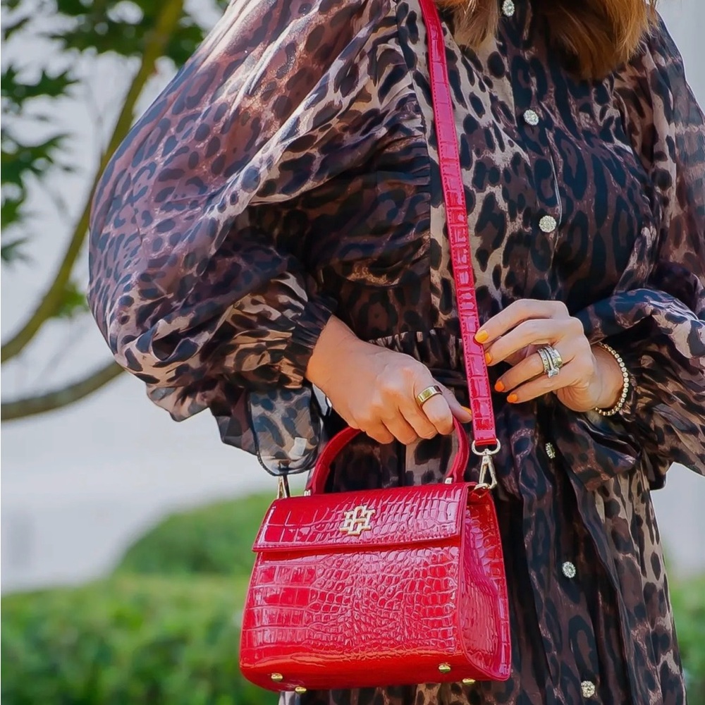 Red Croc-Embossed Top Handle Crossbody Bag